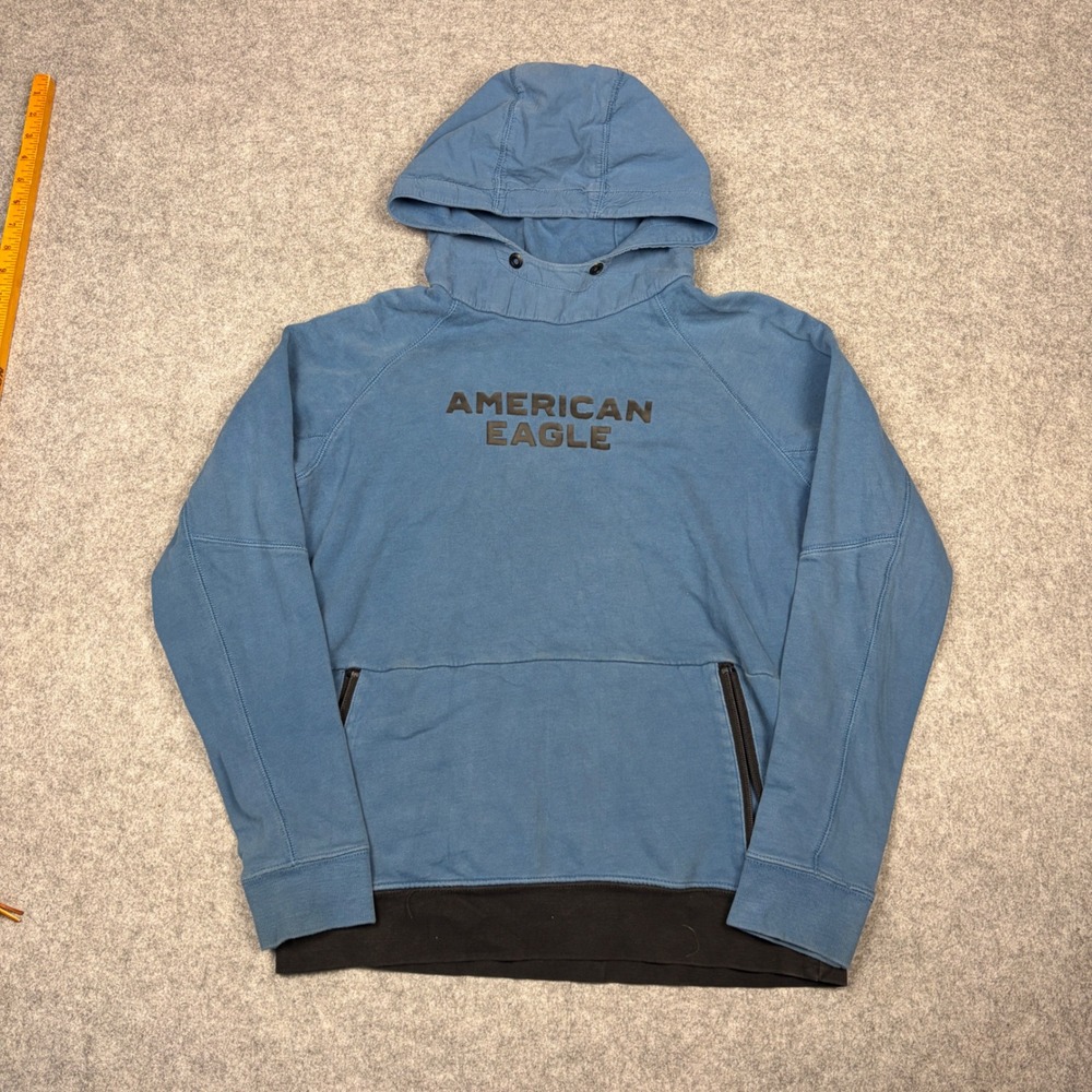American Eagle Mens Blue Pullover Hoodie Sweatshirt Size S Raised Logo Zips